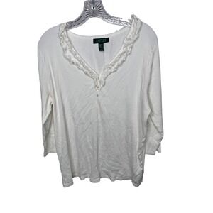 Lauren Ralph Lauren Womens White Ribbed Ruffle Neck 3/4 Sleeve Top Plus Size 2X